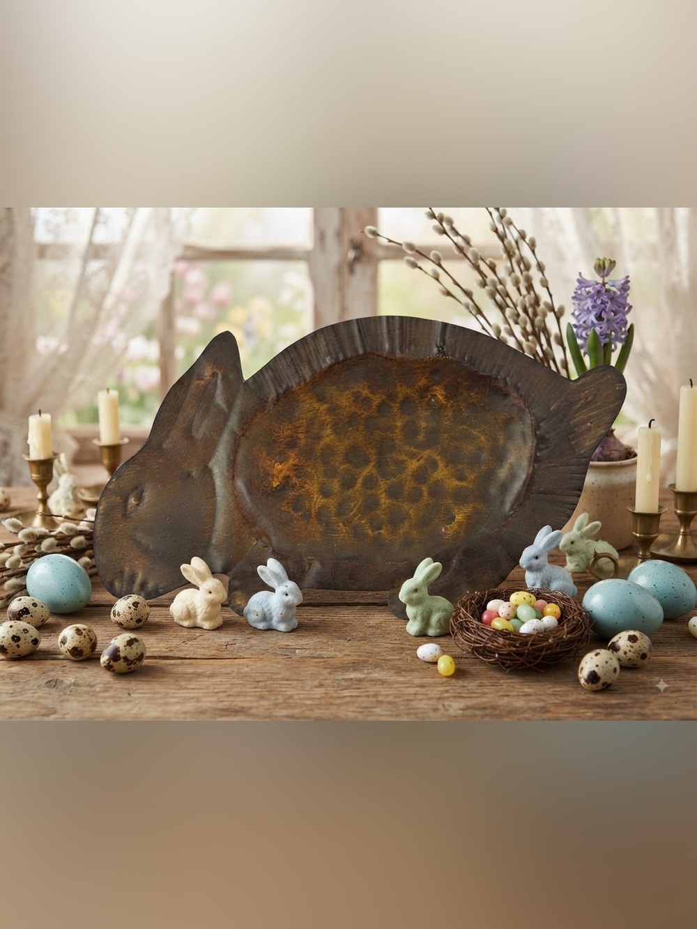 Rustic Rabbit Metal tray, decor/ Art